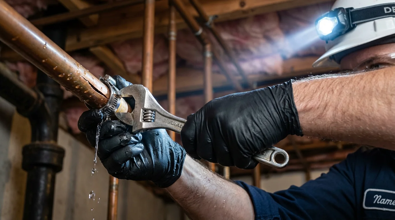 Emergency pipe clamp repair being performed by a Johns Plumbing LLC plumber in Conyers