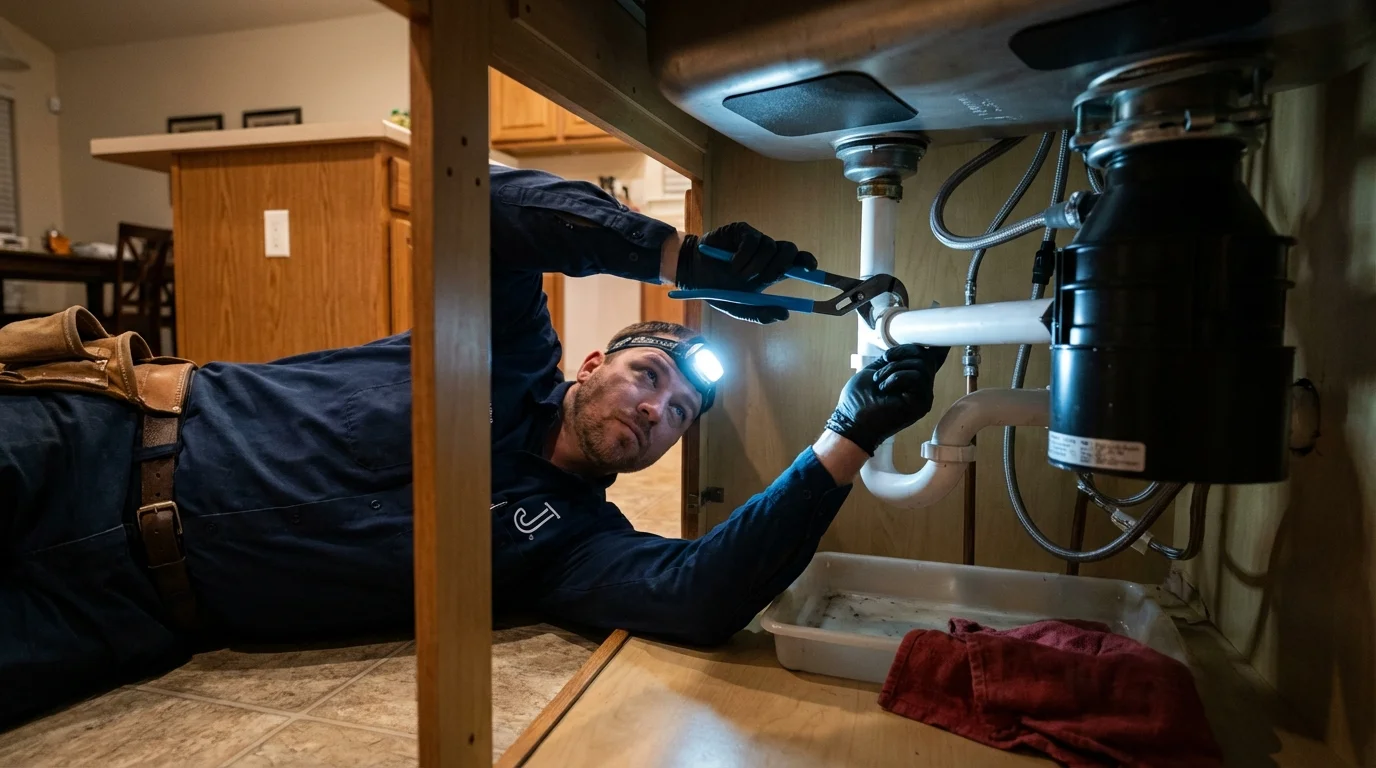P-trap and supply line connections under a kitchen sink showing a common leak point in Conyers, GA